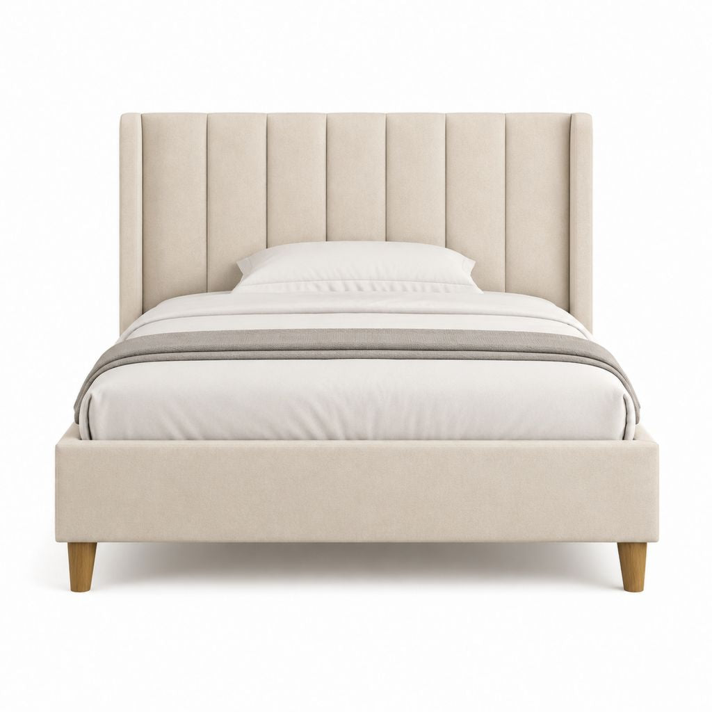 Lit double 160 x 200 cm beige en polyester avec tête de lit capitonnée verticale