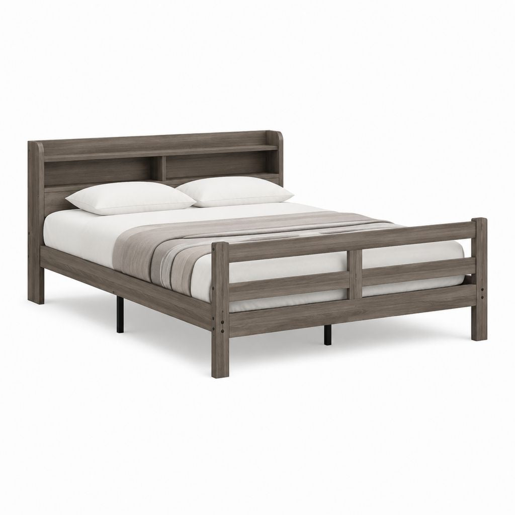 Cadre de lit 160 x 200 cm gris brun en panneaux MDF avec tête de lit à étagères