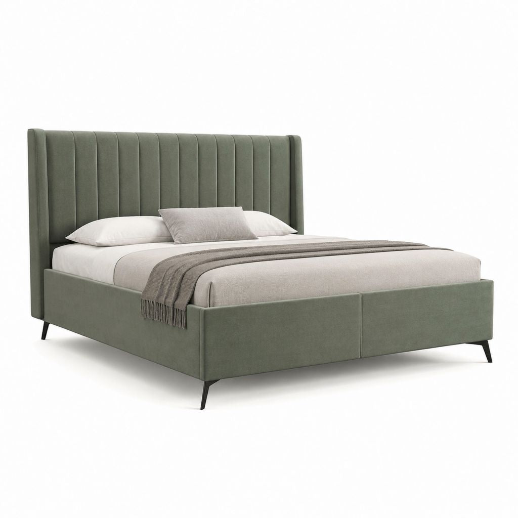 Lit double rembourré vert sauge en velours de polyester rectangulaire 160 x 200 cm