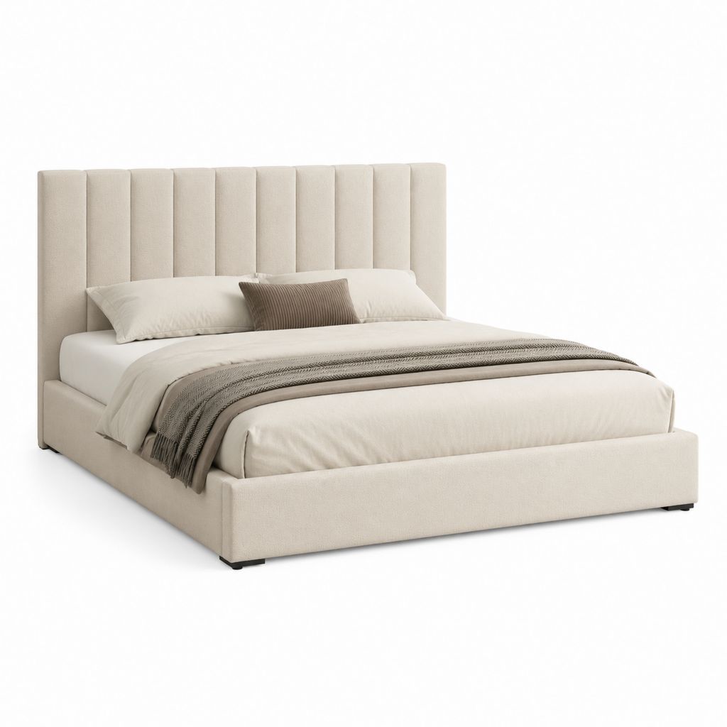 Lit double 160 x 200 cm beige en polyester avec tête de lit capitonnée verticale