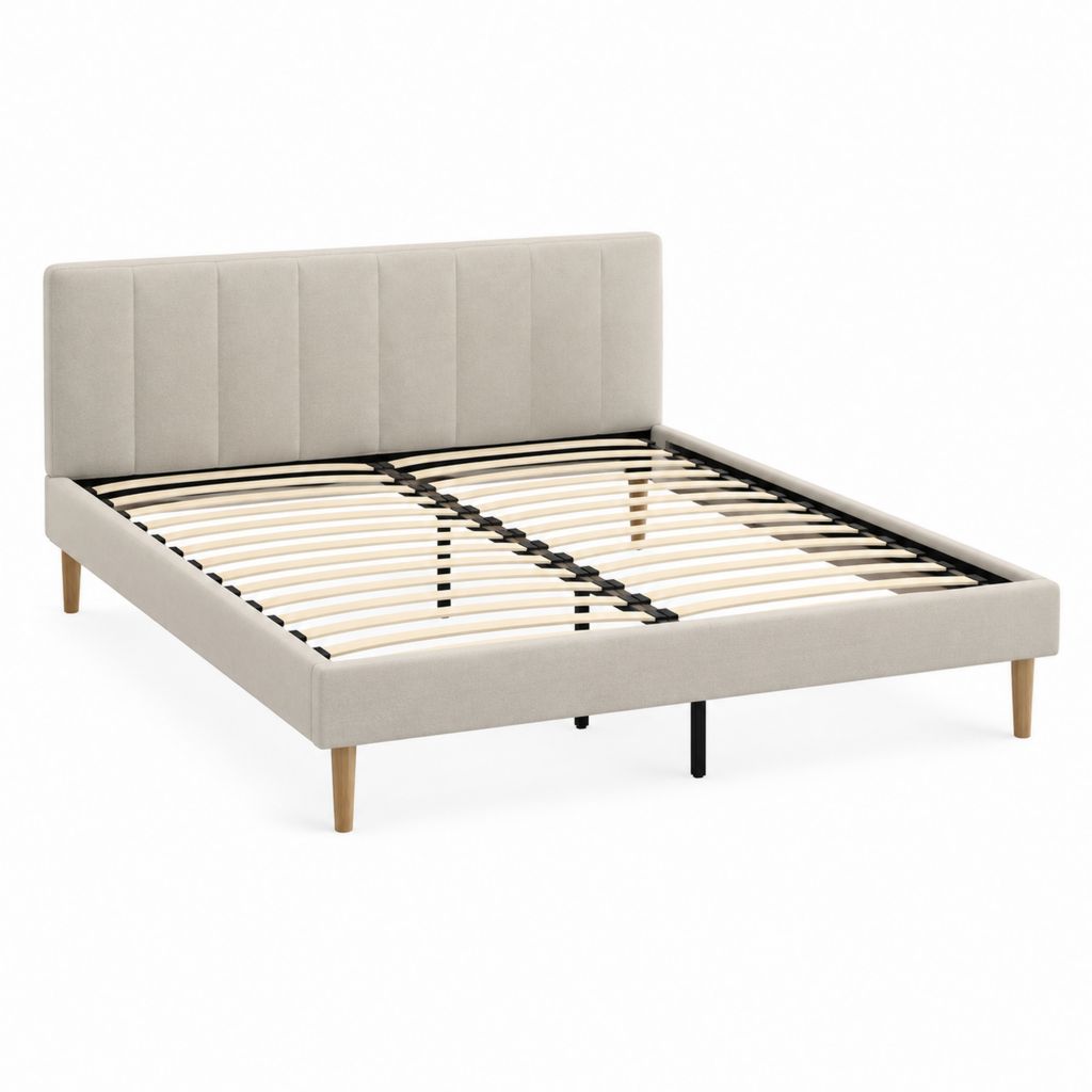 Lit double 160 x 200 cm beige en polyester avec sommier à lattes et tête de lit capitonnée