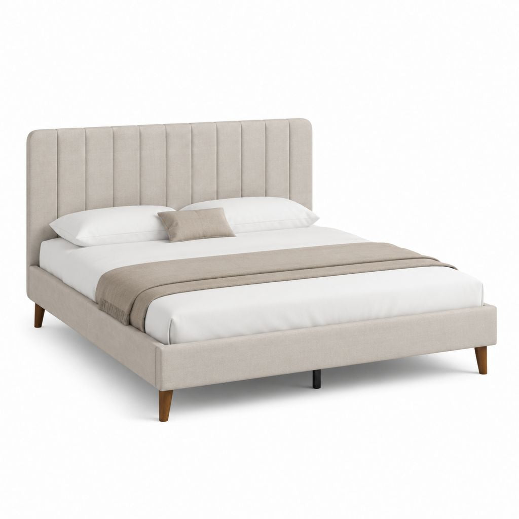 Lit double capitonné beige en polyester avec cadre rectangulaire 160 x 200 cm