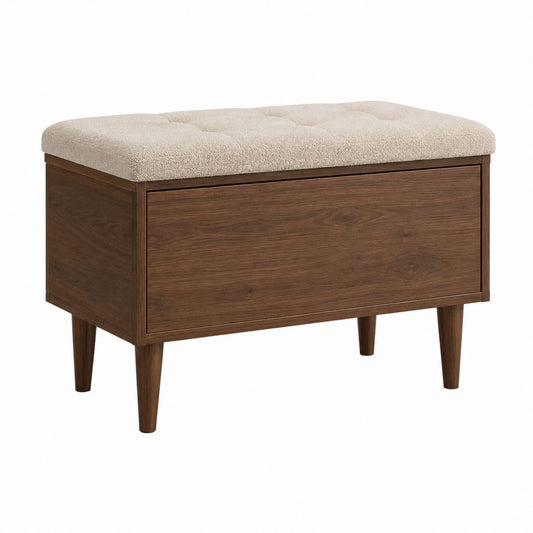 Banc coffre de chambre noyer et beige en MDF plaqué noyer avec assise bouclette 90 x 40 x 50 cm