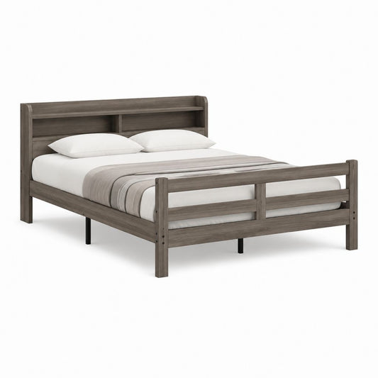 Cadre de lit 160 x 200 cm gris brun en panneaux MDF avec tête de lit à étagères