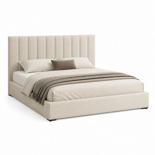 Lit double 160 x 200 cm beige en polyester avec tête de lit capitonnée verticale