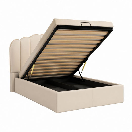 Lit coffre 160 x 200 cm beige en similicuir PU avec sommier à lattes et tête de lit capitonnée