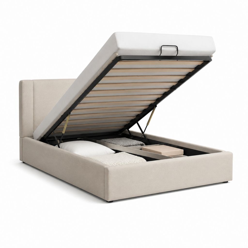 Lit coffre double beige en polyester rectangulaire avec sommier à lattes 160 x 200 cm
