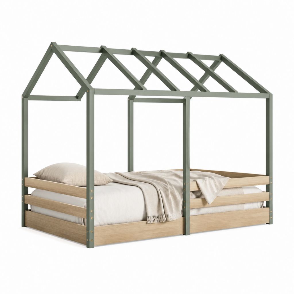 Lit cabane enfant avec barrières vert sauge en pin massif 90 x 200 cm