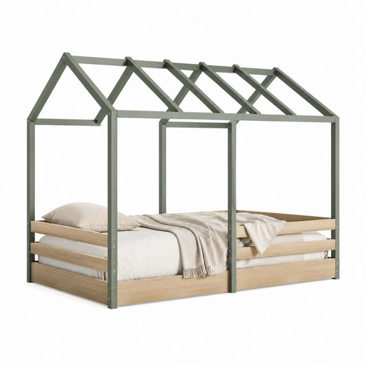 Lit cabane enfant avec barrières vert sauge en pin massif 90 x 200 cm
