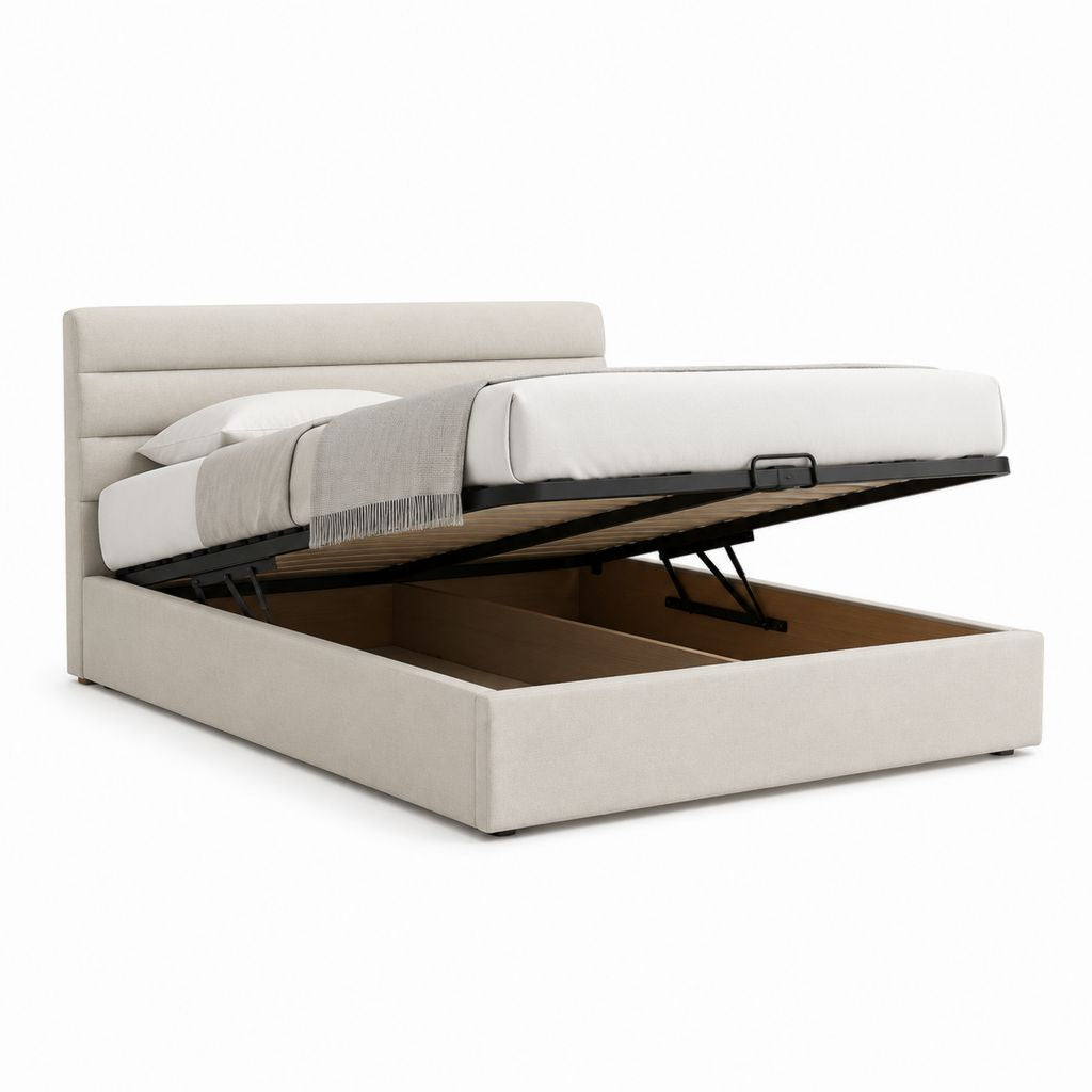 Lit coffre 160x200 cm beige en polyester avec cadre à lattes relevable