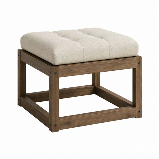 Repose-pieds carré beige en polyester et bois massif d'acacia 60 x 60 x 45 cm