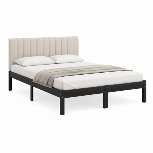 Cadre de lit double 160 x 200 cm noir avec tête de lit capitonnée beige en polyester