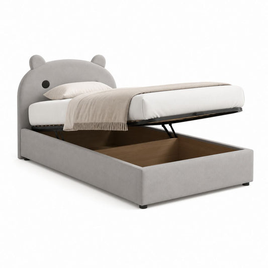 Lit enfant coffre gris en polyester avec tête de lit ours 90 x 200 cm