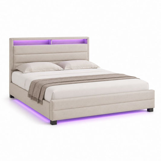 Lit double avec cadre de lit beige en polyester et éclairage LED violet 160 x 200 cm