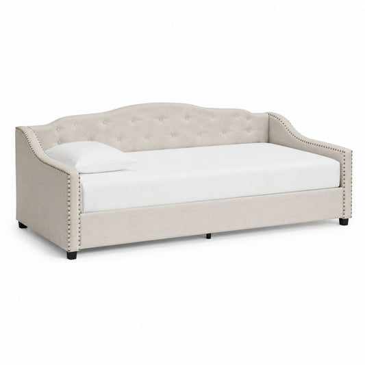 Lit banquette 1 place beige en polyester capitonné à dossier incurvé 208 x 100 x 92 cm pour matelas 90 x 190 cm