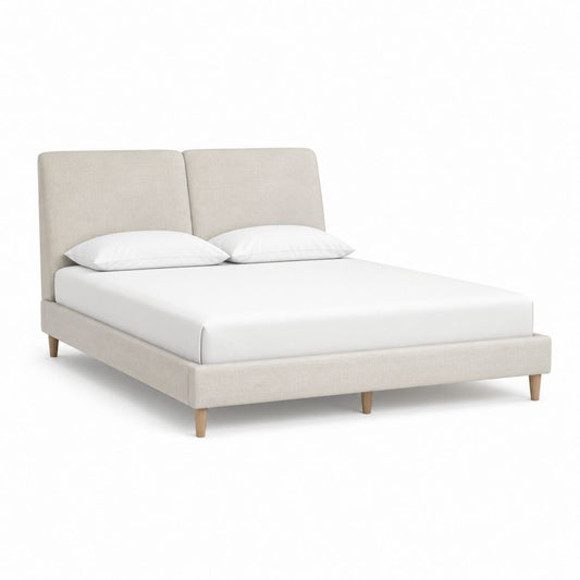 Lit double avec cadre beige en polyester et pieds en hévéa massif 160 x 200 cm