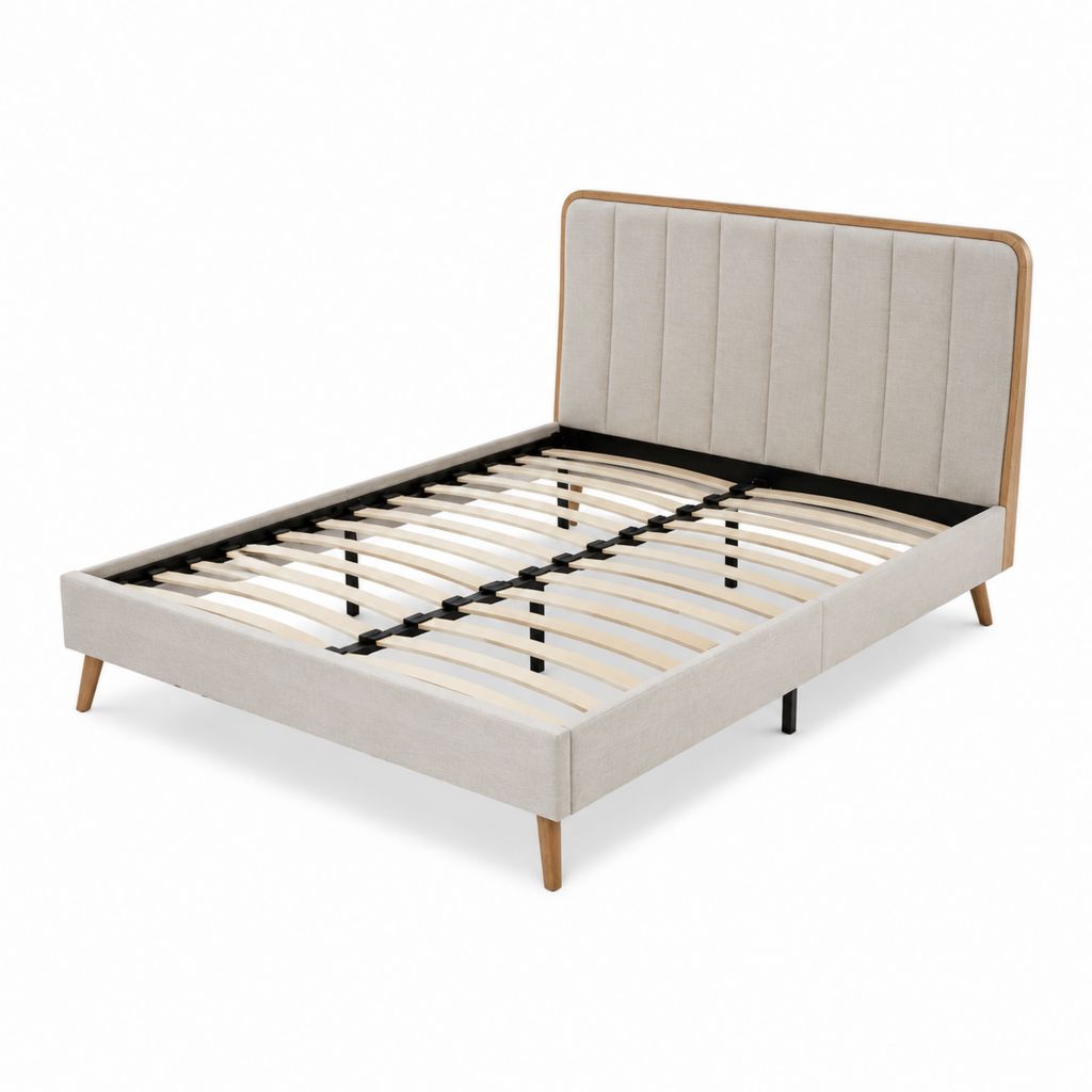 Lit double avec cadre et sommier à lattes beige en polyester et bois 160 x 200 cm