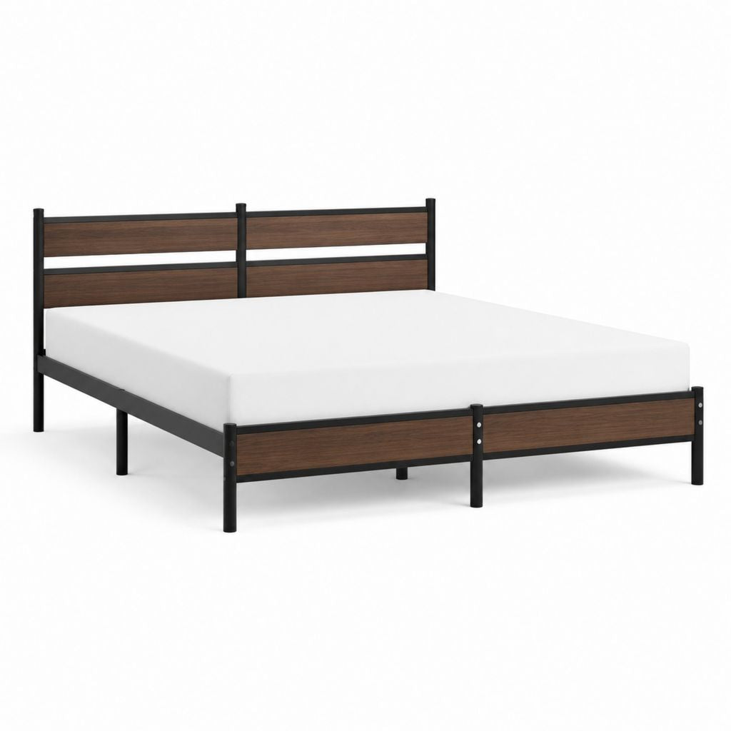 Lit double cadre de lit rectangulaire noir et noyer en acier et panneaux MDF 140 x 190 cm